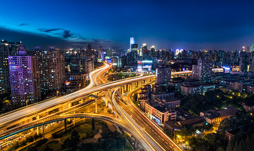 china road street city urban panorama west skyline night landscape highway cityscape shanghai district ring inner clear jingan elevated eastern stacked interchange puxi yanan changning