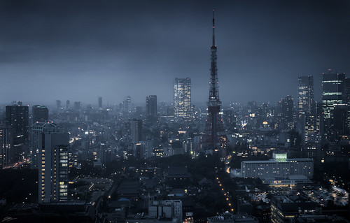 tokyo japan japanese city cityscape skyline dark storm stormy monochrome moody view panorama panoramic desaturated asia asian