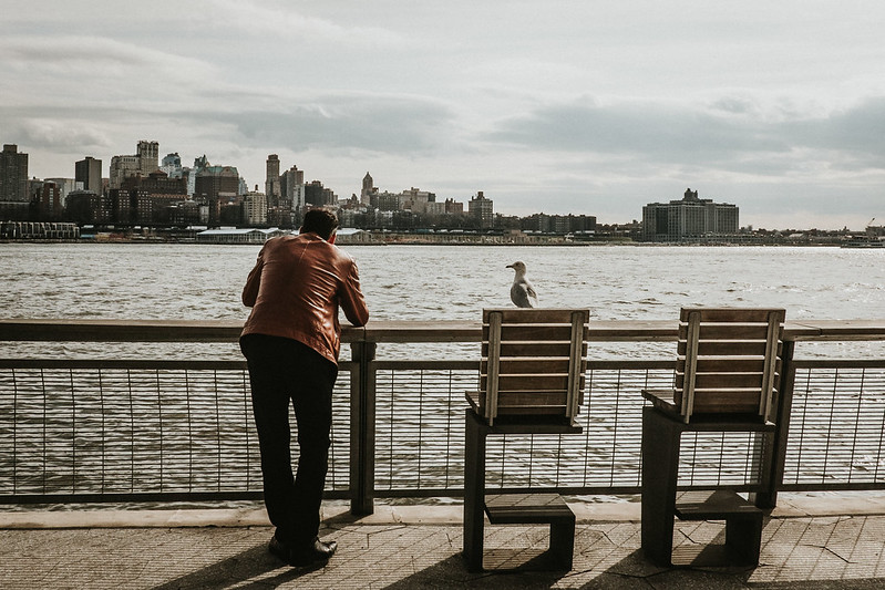 A seagull is perched on the rail beside a man in a cognac colored leather jacket leaning on the railinga nd looking at the city skyline across the channel of water.
