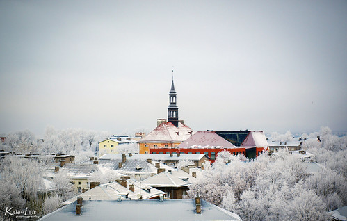 narva boarder tower roofs winter snow vignette city cityscape buildings estonia centre peak travel high view frost