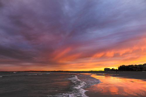 goose rocks beach maine sun sunset sky light bright matte purple pink orange yellow clouds water ocean coast waves reflection silhouette