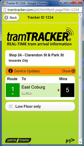 Next tram departure screen of TramTracker