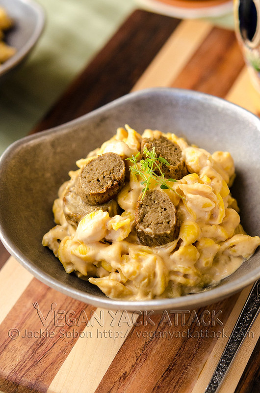 Beer & Brat Mac 'n' Cheese - A hearty, grown-up macaroni and cheese with a rich, beer sauce and delicious bratwurst. All vegan!
