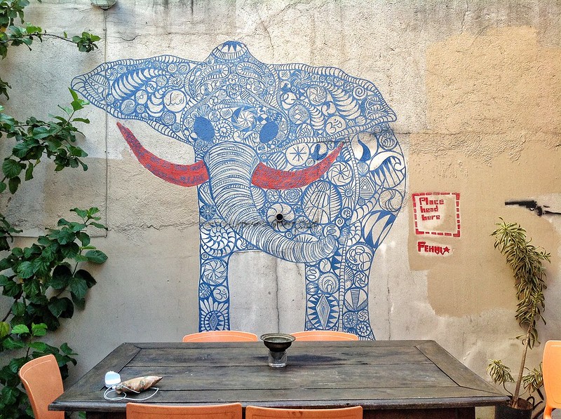 Detailed graffiti elephant in a Sao Paulo hostel, Brazil