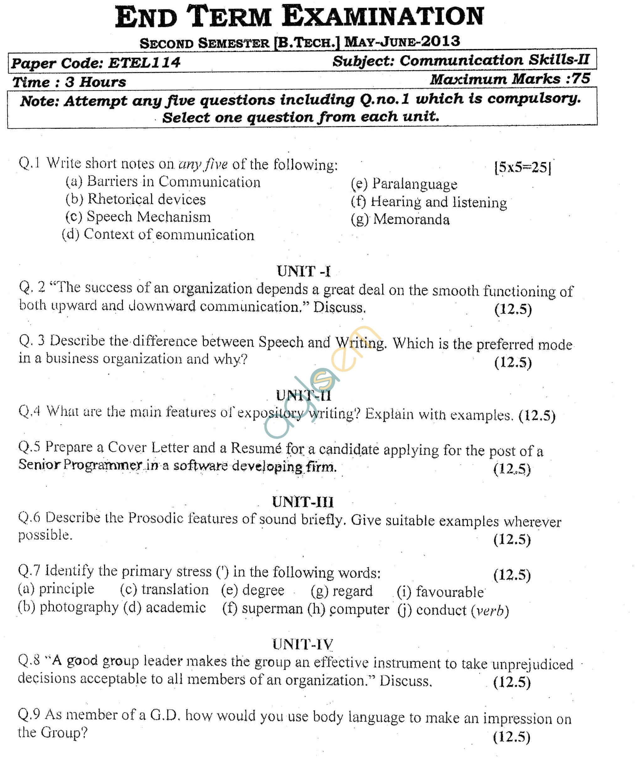 GGSIPU Question Papers Second Semester – End Term 2013 – ETEL-114
