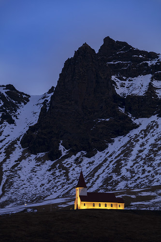 vik iceland dawn sunrise lit mountain snow rock blue yellow religion gitzo manfrotto haidafilters church melvinnicholsonphotography
