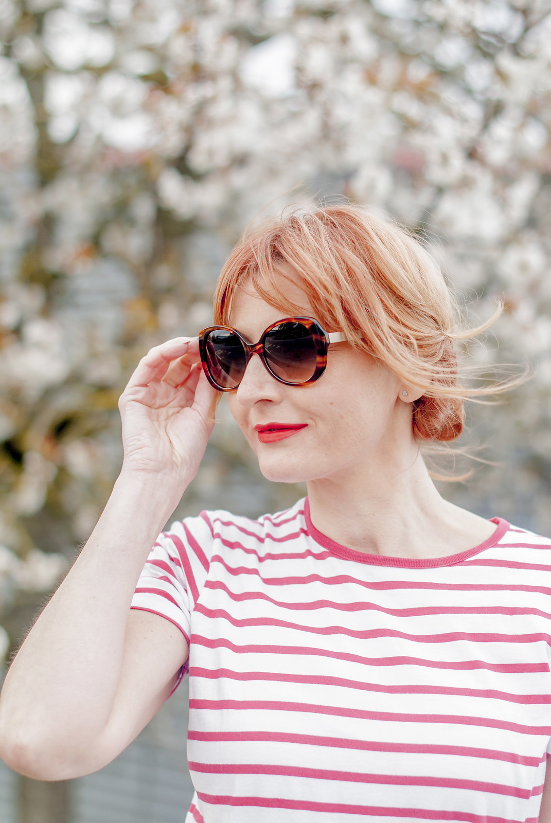 Perfect spring outfit: Red Breton stripe t-shirt white full midi skirt black d'Orsay patent heels tortoiseshell sunglasses black box handbag | Not Dressed As Lamb