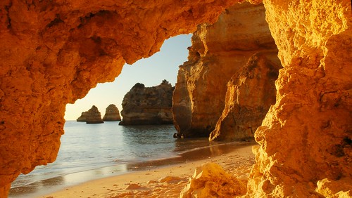 morning cliff sun portugal yellow rock glow shoreline algarve