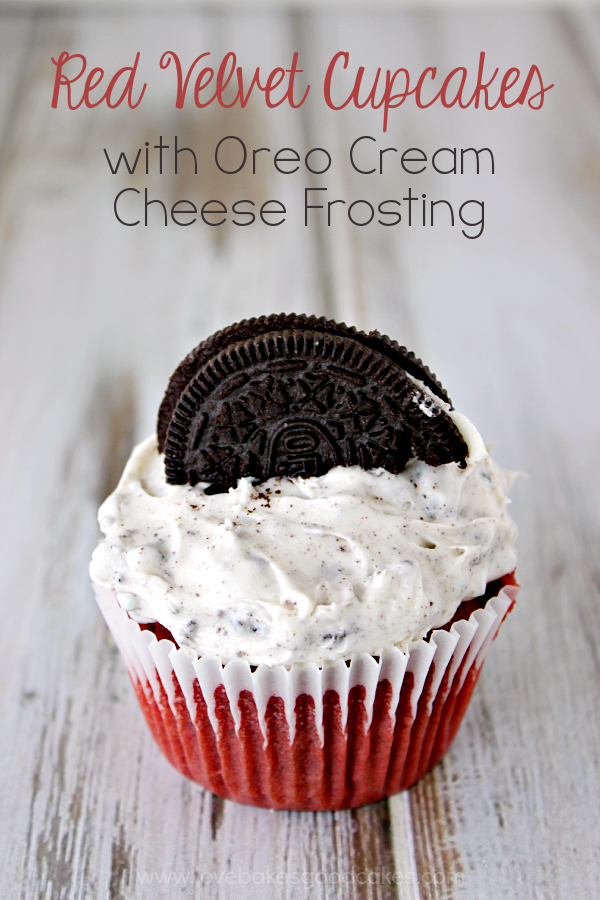 Red Velvet Cupcakes with OREO Cream Cheese Frosting with an OREO cookie on top.