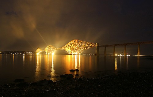 bridge sea mist beach water fog night train river gold lights golden scotland exposure shine rail riverforth forthrailbridge seahar