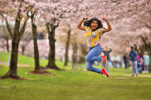 ian sane images ayyforadorable jump portrait woman trees cherry blossoms old town portland oregon waterfront spring canon eos 5d mark ii two camera ef70200mm f28l is usm lens