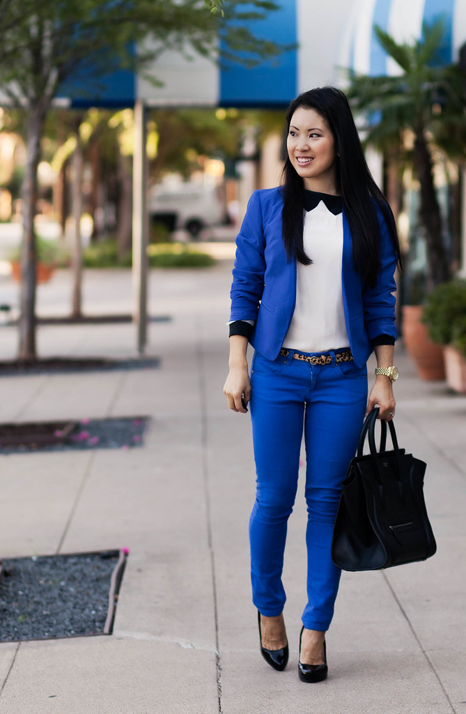 cobalt suit, cobalt blazer, cobalt pants, leopard print belt, celine mini luggage tote outfit #ootd