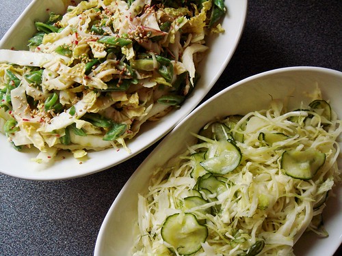 Sugar Snap Salad with Miso Dressing and Vinegar Slaw with Cucumbers and Dill