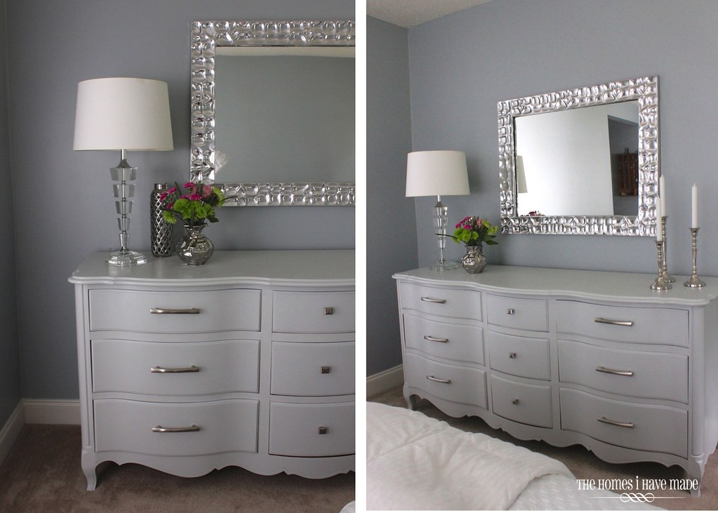 A gray dresser in a master bedroom