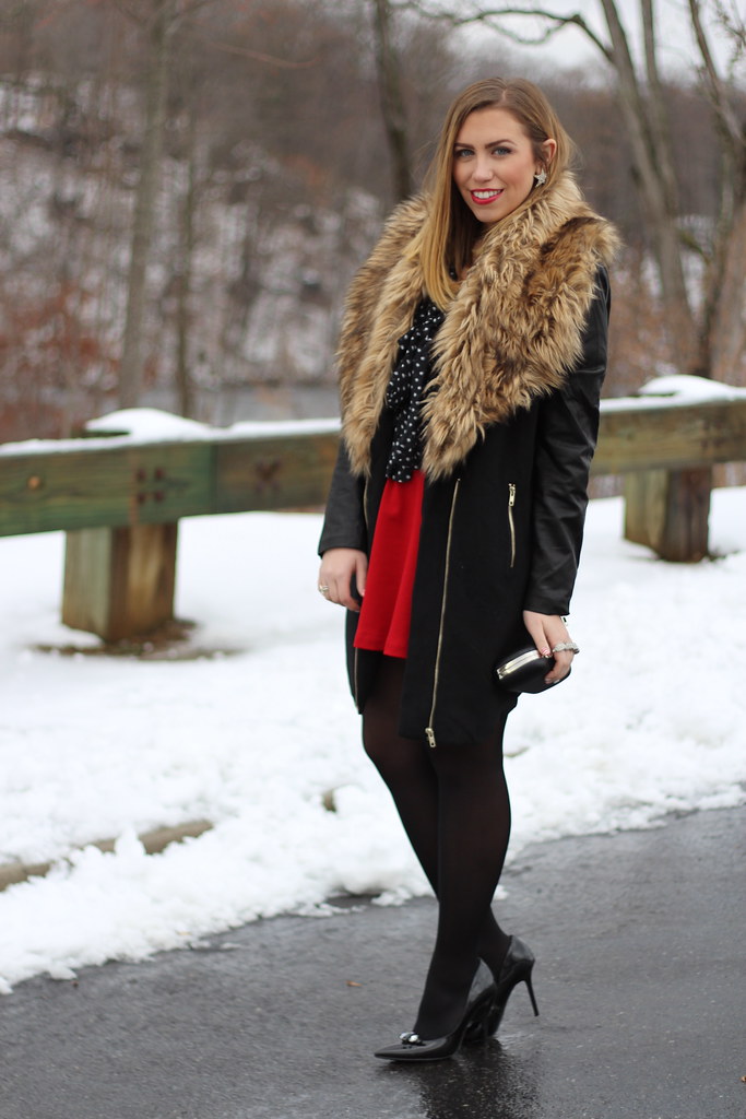 Living After Midnite: Outfit: Fur Coat, Red Skirt, Polka Dots