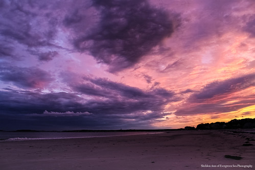 goose rocks beach maine purple sun sunset clouds sky sea sand waves water