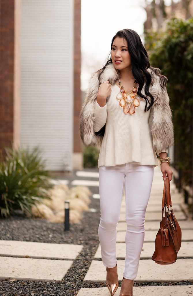 cute & little blog | spring white | fur vest, flutter sweater, white jeans, kate spade gold heels, teteo statement necklace outfit