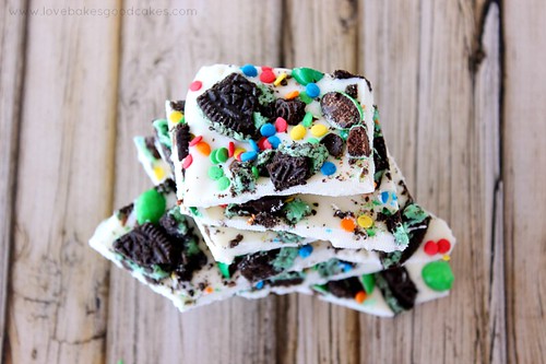 Loaded Leprechaun Minty Mint Bark pieces stacked up.