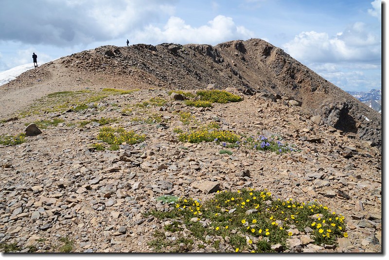 A flat area near 14,300' where the summit ridge comes into view