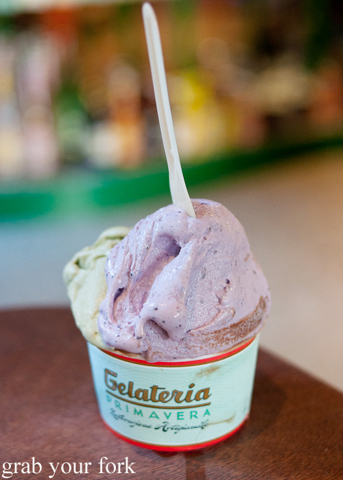 Three scoop gelato tub: yoghurt with thyme honey and walnut; pistachio; and white chocolate, bergamot and blueberry at Gelateria Primavera at Spring St Grocer, Melbourne 