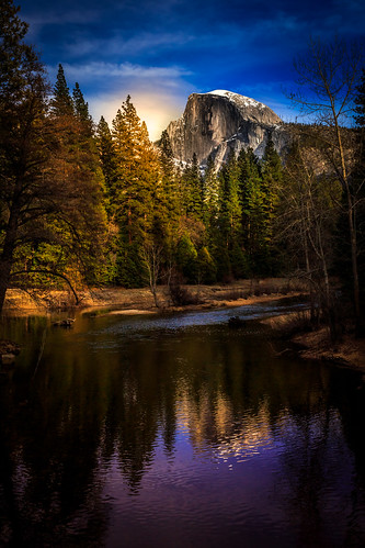 park trees sunset sky cliff sun mountains colors forest reflections river stream merced national yosemite dome half granite
