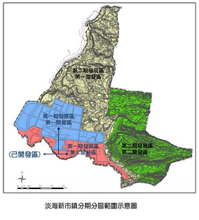 淡海新市鎮分期分區範圍示意圖，擷自： 淡海新市鎮後期發展區開發案環境影響說明書