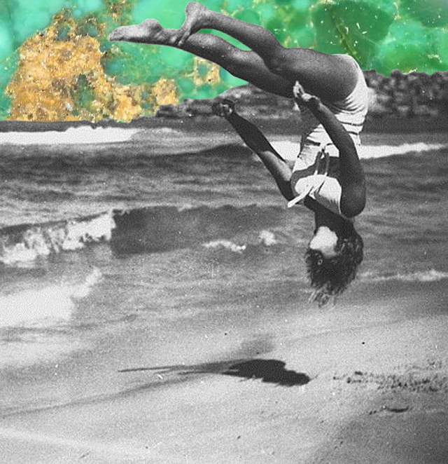vintage fashion beach collage, happy summer shenanigans with turquoise background