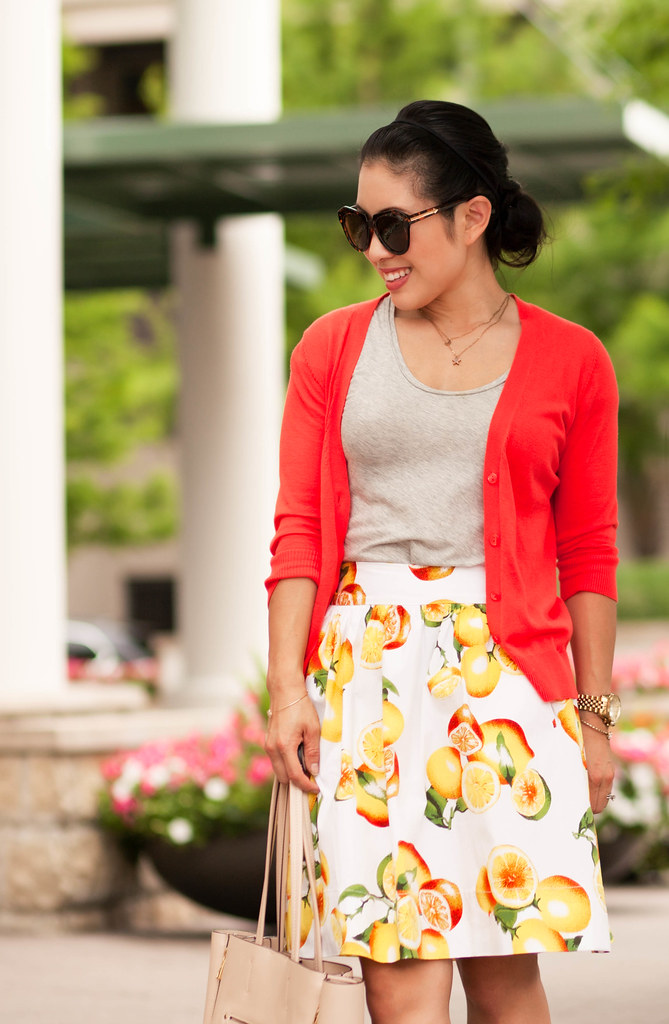 cute & little blog | petite fashion | banana republic lemon print skirt, coral cardigan | spring summer outfit