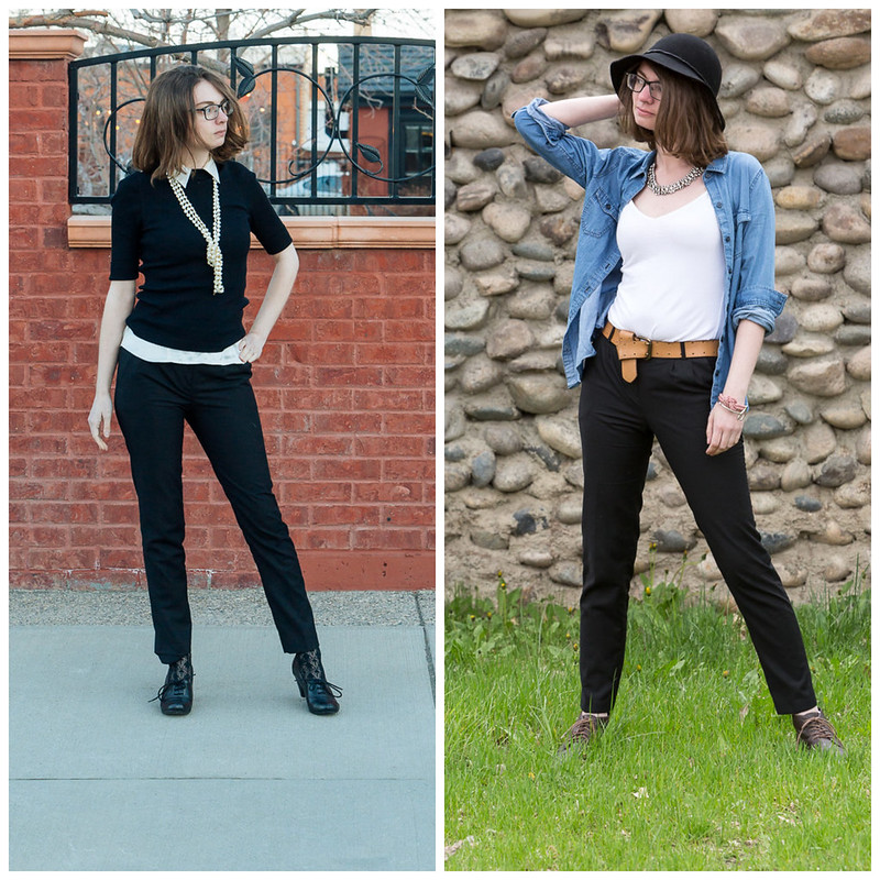skinny pants, black pants, chambray shirt, floppy hat, monochromatic, pearls, withoutastyle, never fully dressed, 