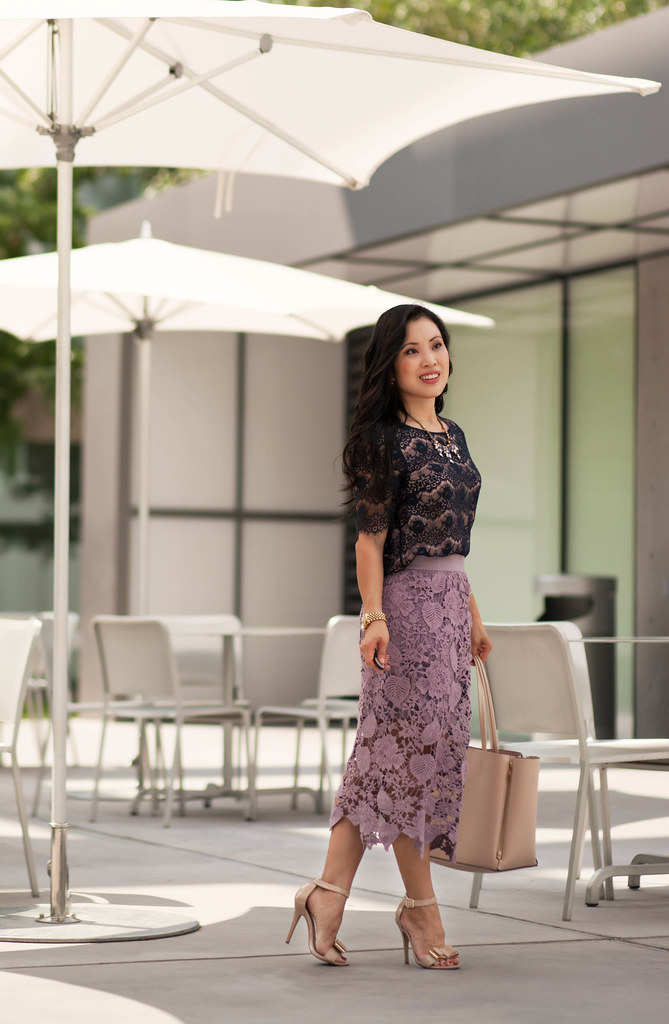 cute & little blog | petite fashion | navy lace top, lavender purple crochet midi skirt, nude bow sandals | spring summer outfit