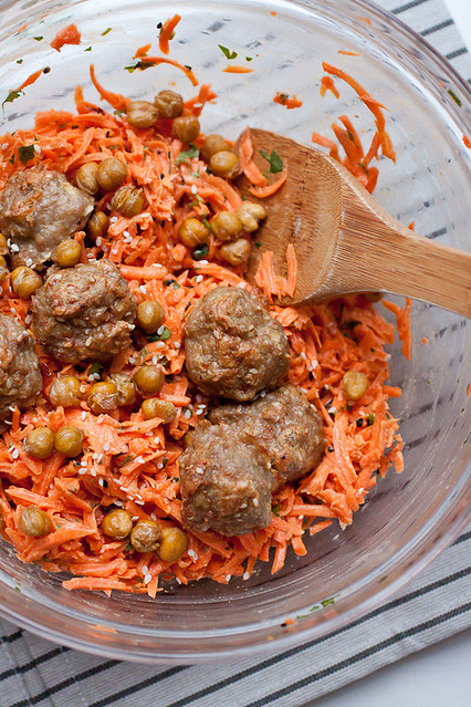 Carrot Salad with Tahini Dressing, Crisped Chickpeas and Sesame-Spiced Baked Turkey Meatballs