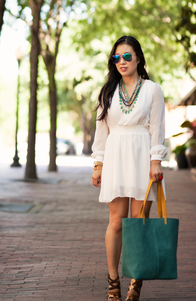 cute & little blog | petite fashion | white chiffon dress, stella & dot sutton statement necklace, hmk teal tote | summer outfit
