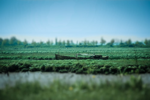green tiltshift landscape composition lines old abandoned horizon simonandhiscamera sky skyline river water outdoor field grass boat blur trees