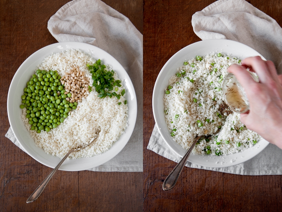 Cauliflower rice with fresh peas, cumin and lemon dressing