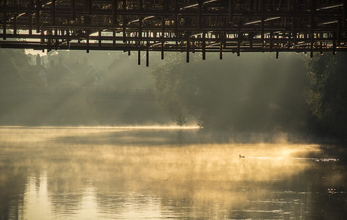 morning bridge light mist sunrise river duck dana severn shrewsbury scaffold beams