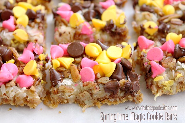 Springtime Magic Cookie Bars with colorful candies on top.