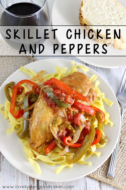 Skillet Chicken and Peppers Dinner Recipe with Star Butter Flavored Olive Oil on a white plate with bread and a fork.