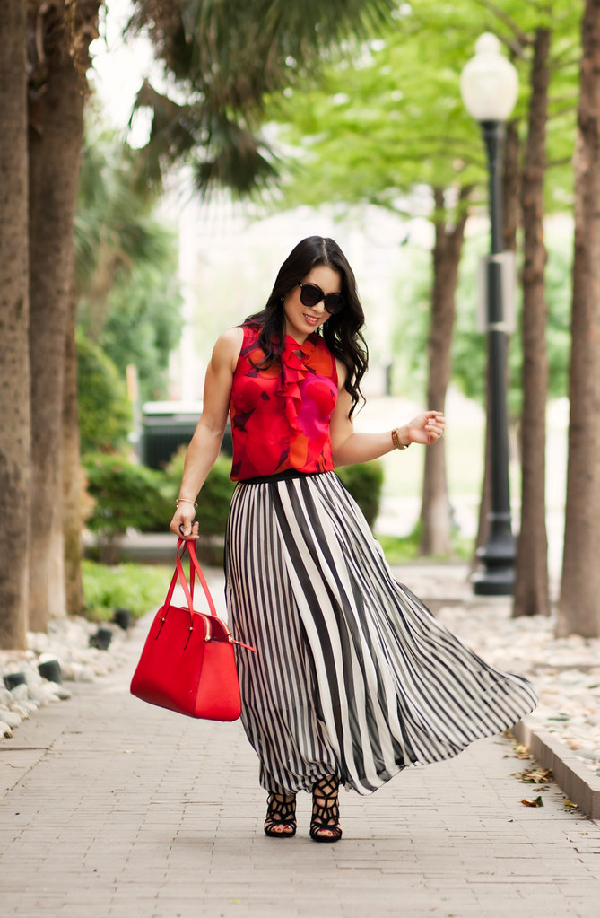 cute & little blog | petite fashion | red floral shell, tbdress striped maxi skirt | caged sandal | spring summer casual outfit