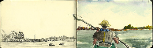 Paddling in Shippan Point, Stamford, CT, sketched from kayak