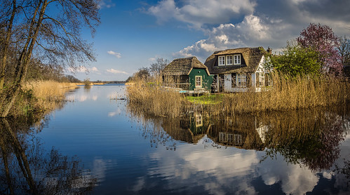 reflection peat land lake ankeveen noordholland bright blue color colors colours colour clouds cloud landscape nature netherlands nederland outdoors outdoor panorama sony sky sun spring tree trees thenetherlands house farmhouse wimvandem water wetlands 200249faves greatphotographers