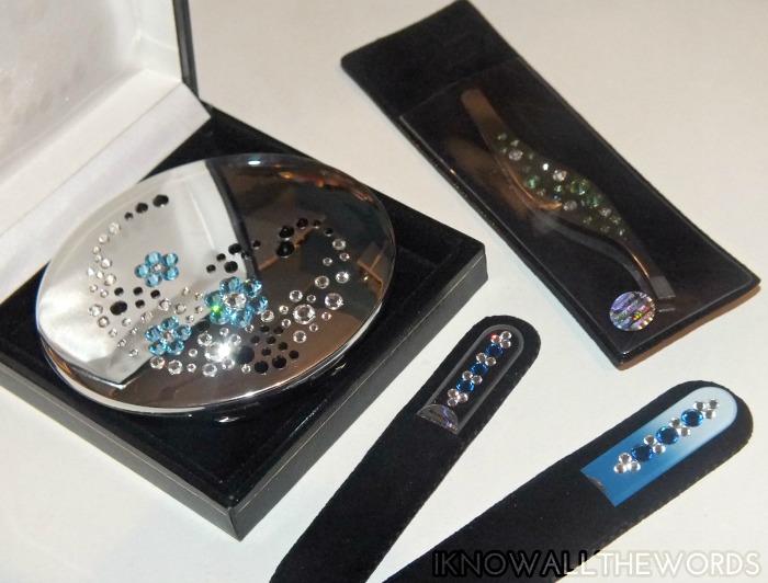 Mont Bleu crystal glass nail files, tweezers, and compact mirror