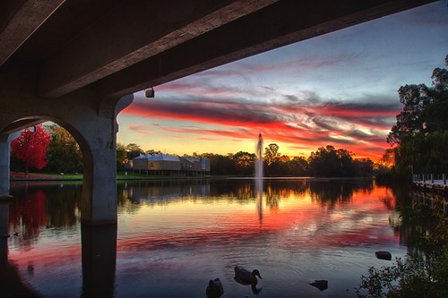 bridge sunset water clouds artgallery ducks spout benalla lakebenalla
