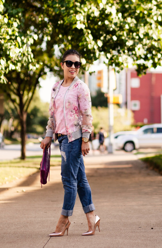 cute & little blog | petite fashion | sheer floral bomber jacket, pink cutout floral top, distressed boyfriend jeans, minkoff mac clutch, kate spade gold pumps