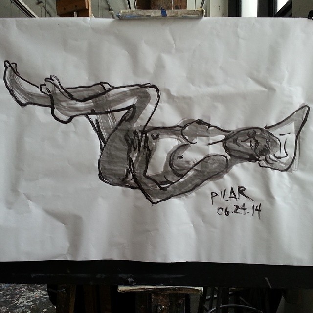 Reclined Female Nude  Charcoal and Sumi ink on paper 36x48 inches ( approximate ) June 24, 2014  No fuss, fluid drawing that was just so playful.  #drawing #onthespot #20minutepose #live #female #nude #nyc #artstudentsleagueofnewyork