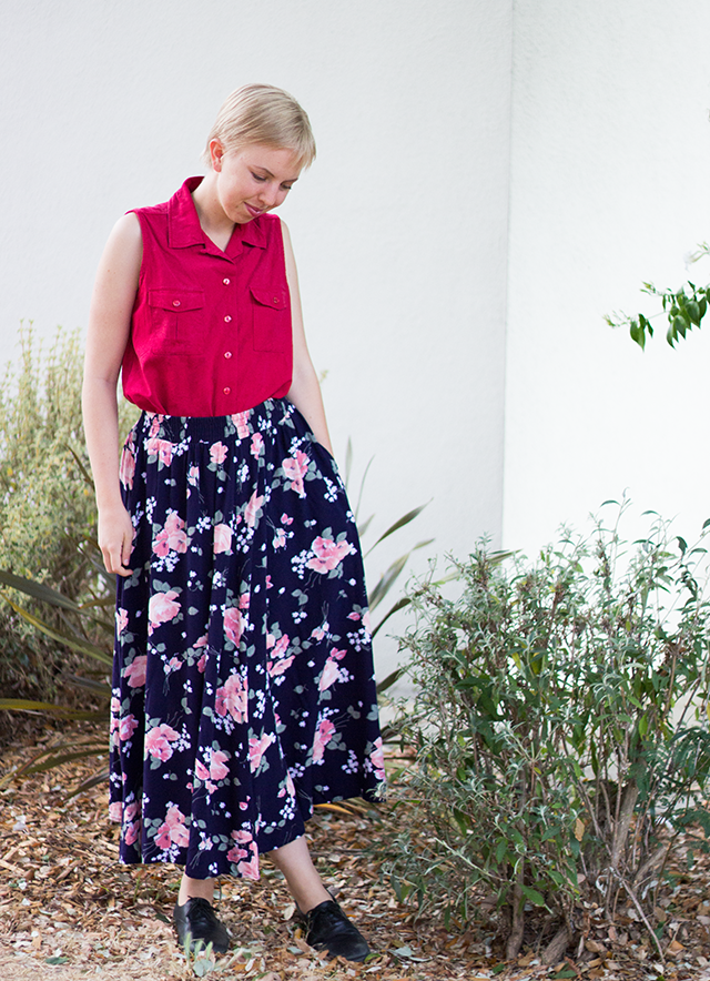 red silk sleeveless button-down blouse, long vintage floral skirt