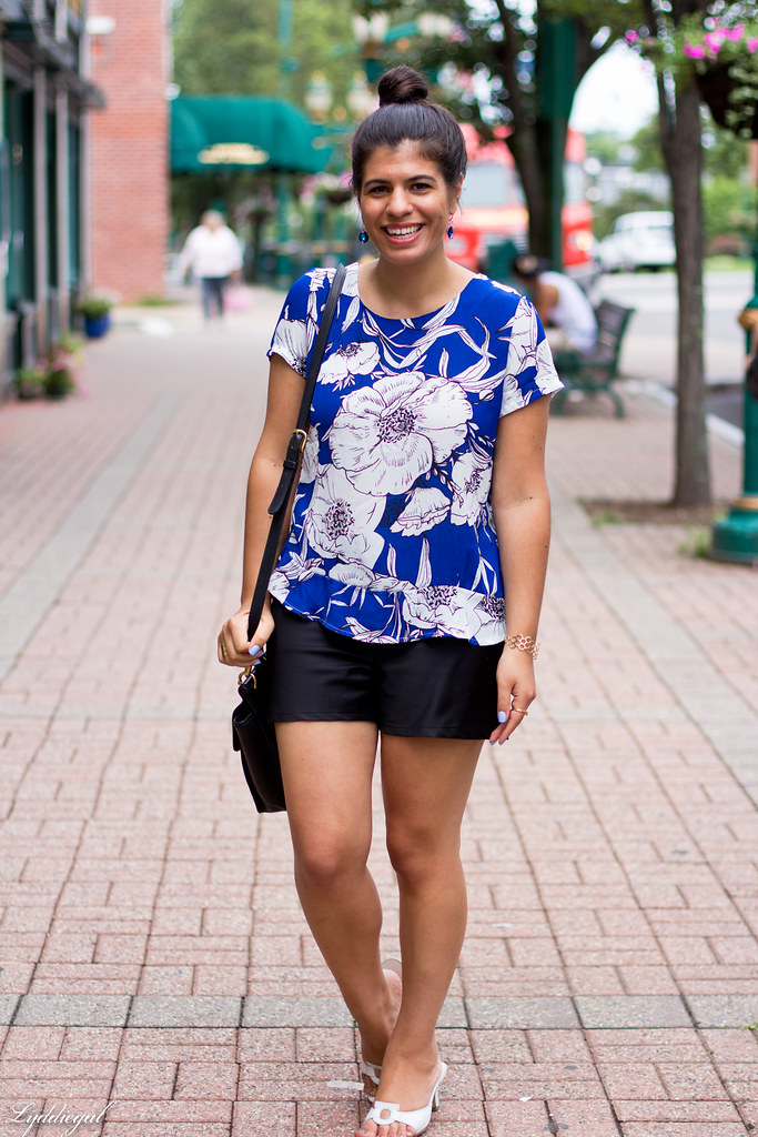 blue and white floral blouse, black shorts.jpg