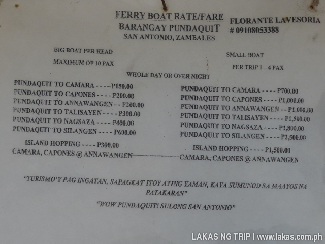 Standard rates for the boat rental in Pudaquit, San Antonio, Zambales