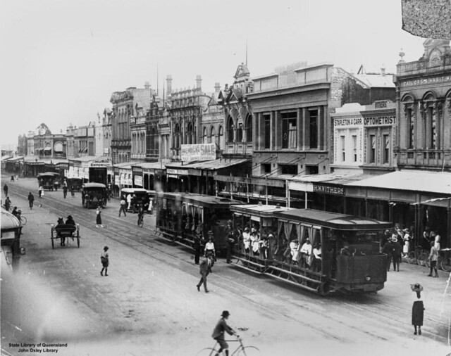 Trams and other vehicles on East Street, Rockhampton, 1923