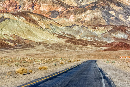 california road park blue sunset sky mountain mountains color reflection water tarmac yellow clouds reflections point landscape drive rainbow sand skies unitedstates desert low national mojave symmetrical deathvalley vanishing hue badwater artistdrive