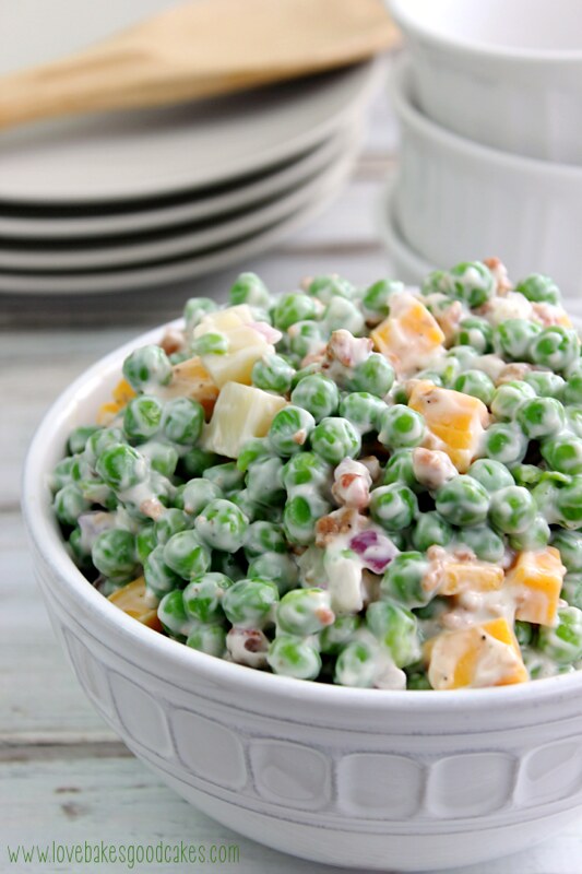 Creamy Pea Salad in white bowl close up